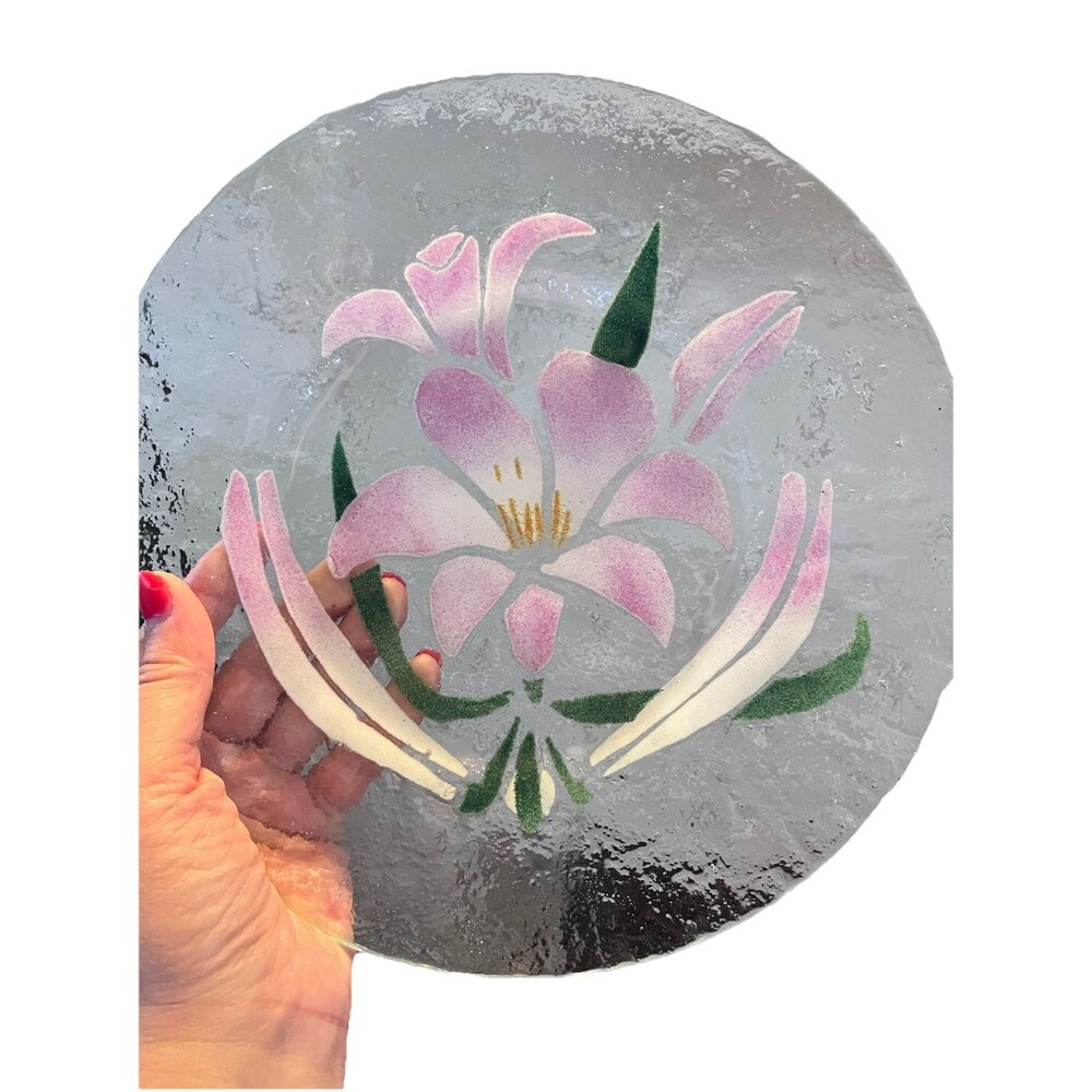Fused Color Wavy Art Glass Plate Floral Daffodil Pink Bubbles Lilly Colorful 9.5